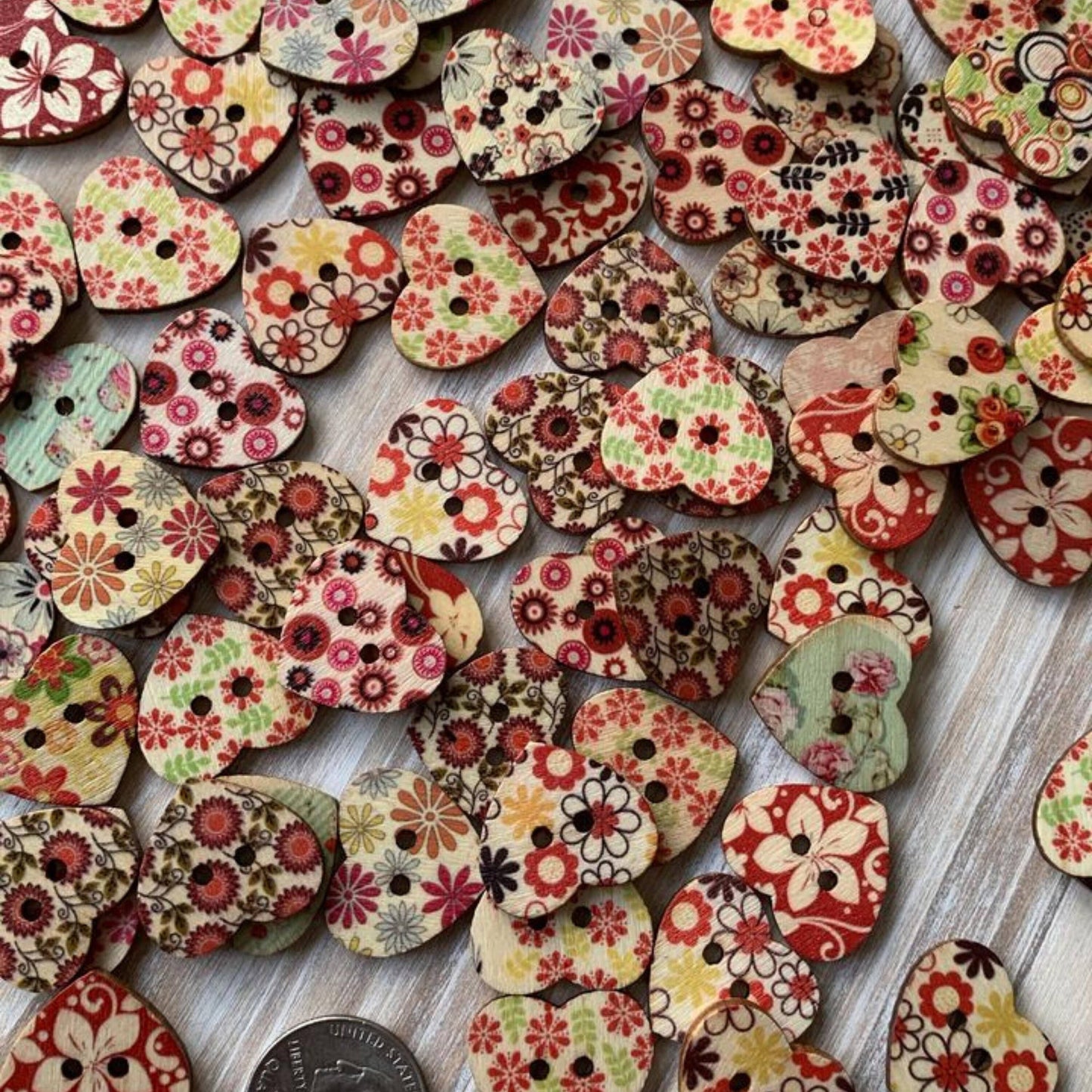 Wooden Heart Buttons, 1 Inch, Heart Buttons, Assorted Styles
