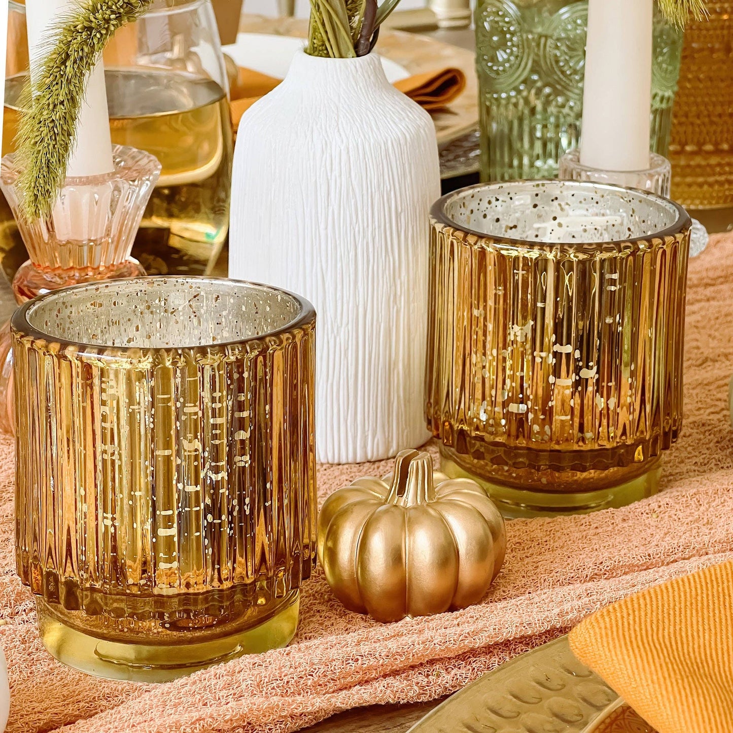 Ribbed Gold Glass Votive Candle Holder