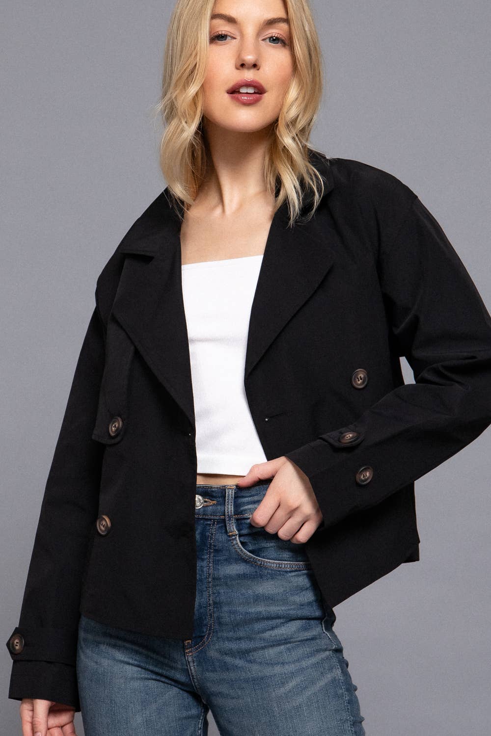 `.Double Breasted Short Trench Jacket
