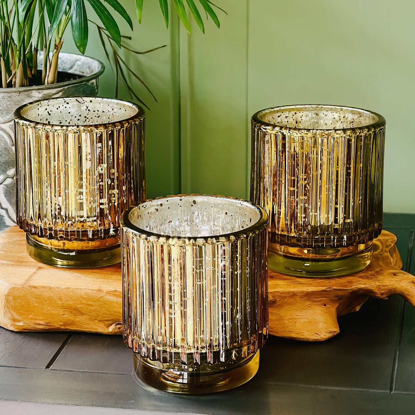 Ribbed Gold Glass Votive Candle Holder