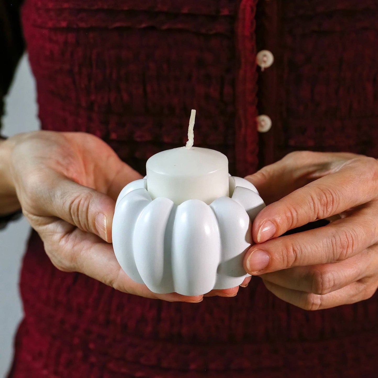 2-in-1 Pumpkin Tealight/Candlestick Holder - White