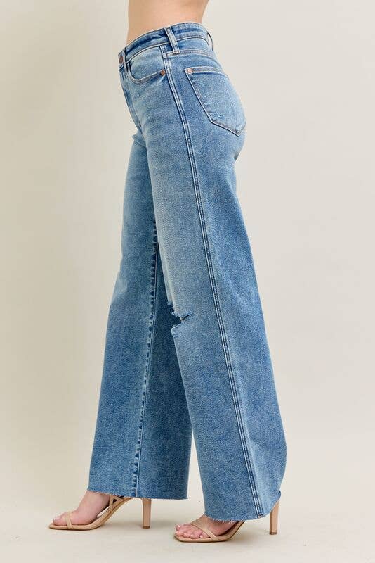 Vintage Wash High Waisted Wide Leg w/ Distressed Knee