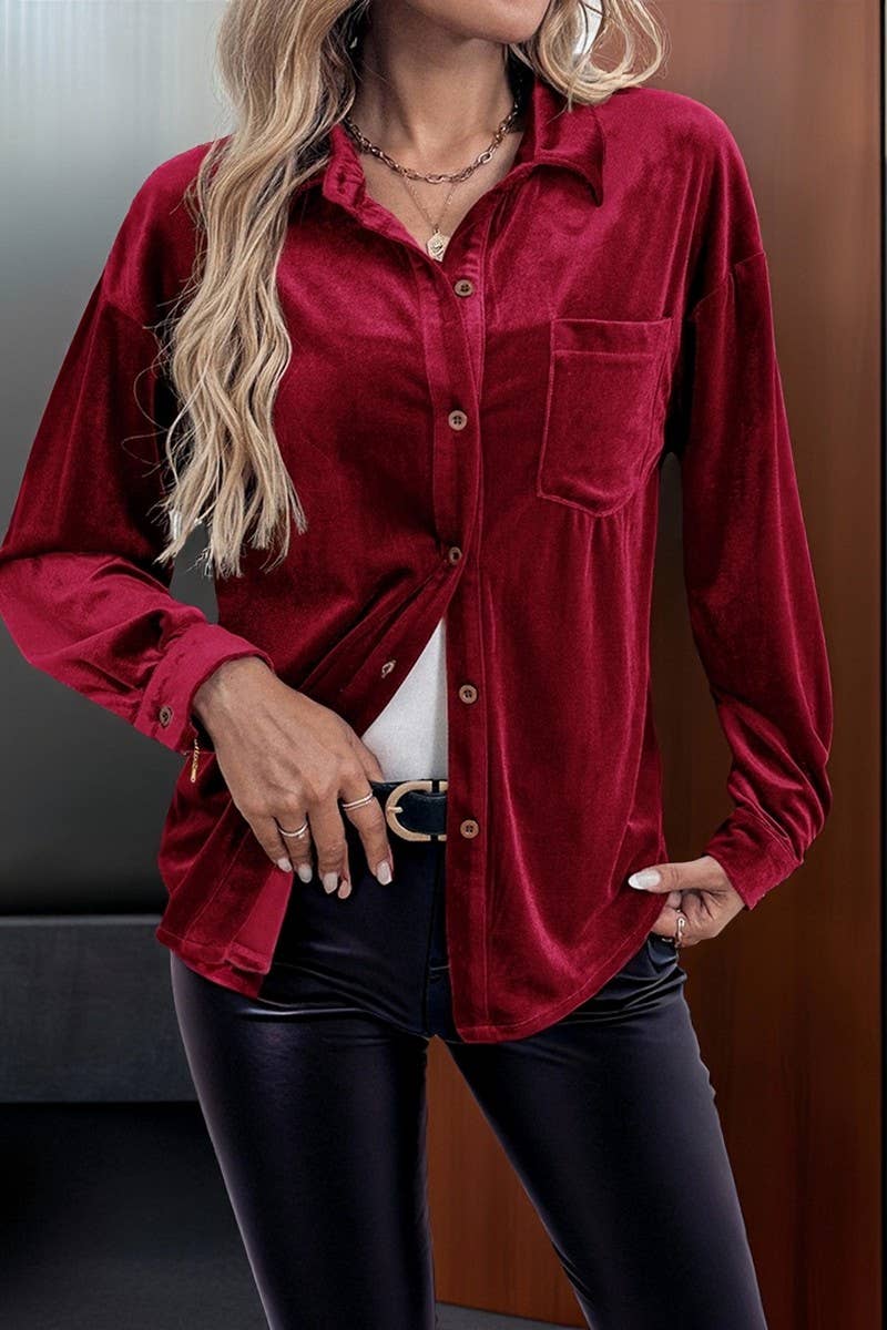 CWTBLL01423_VELVET LAPEL LANTERN SLEEVE MIDI SHIRT