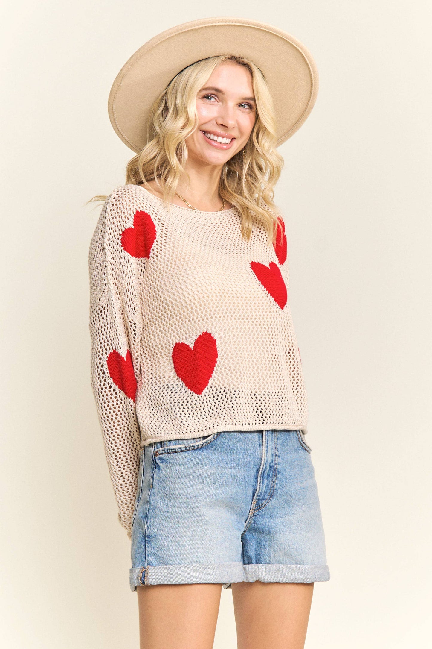 LOOSE KNIT MESH SWEATER HEART PATTERN - LESW4237