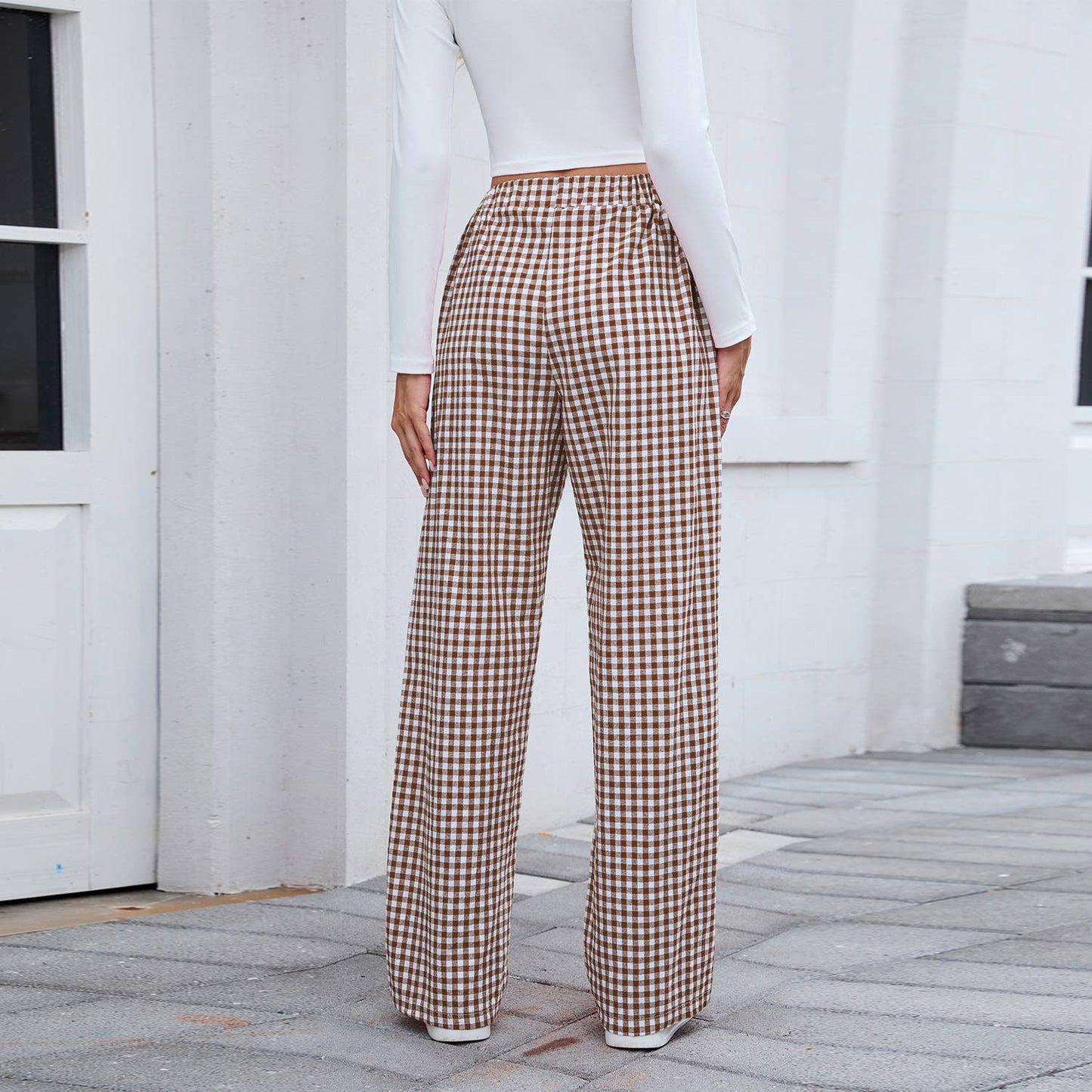 Pure cotton checkered casual loose trousers