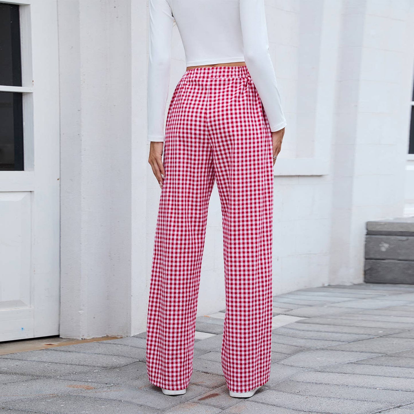 Pure cotton checkered casual loose trousers