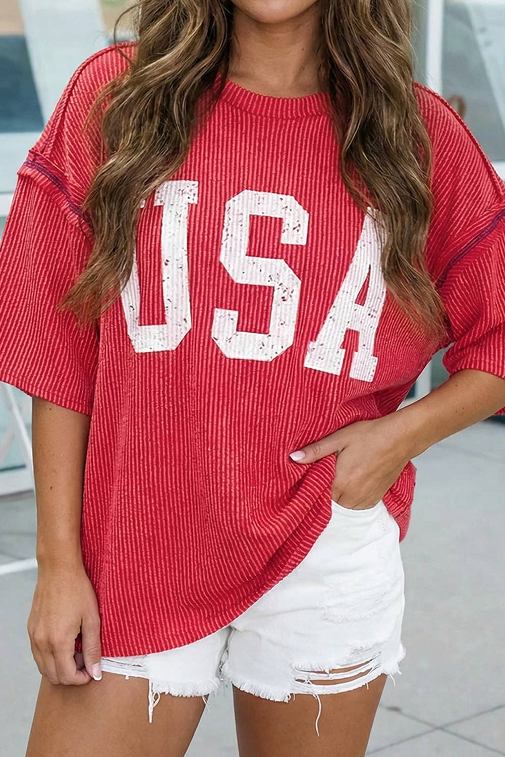 Plus Size USA Graphic Half Sleeve Loose Ribbed Top (S-4X)