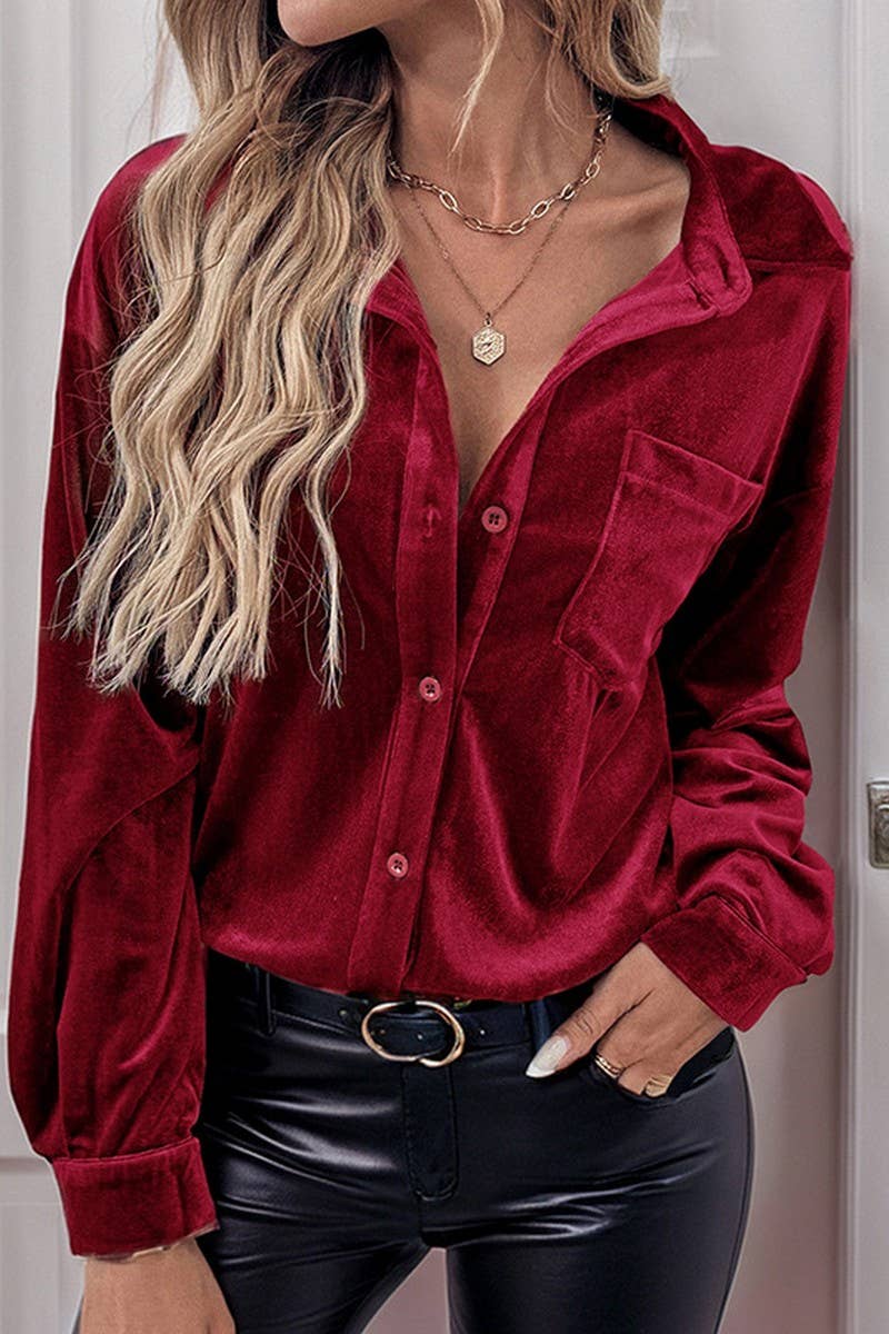 CWTBLL01423_VELVET LAPEL LANTERN SLEEVE MIDI SHIRT
