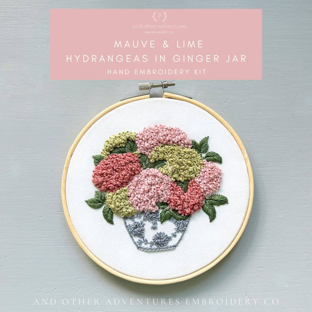 Hand Embroidery Kit - Mauve & Lime Hydrangeas in Ginger Jar