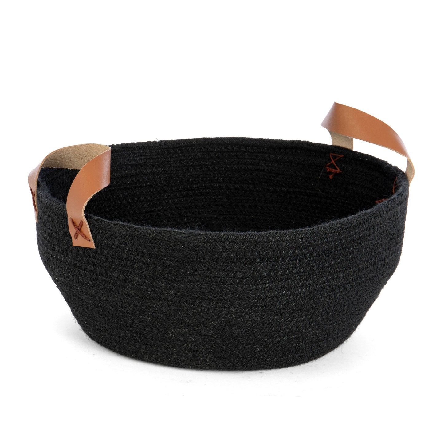 Round Jute Bowl- Black w/Leather Side Handles