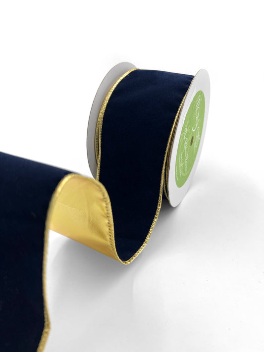 2.5" Navy Blue Velvet Reversible Gold Wired Ribbon