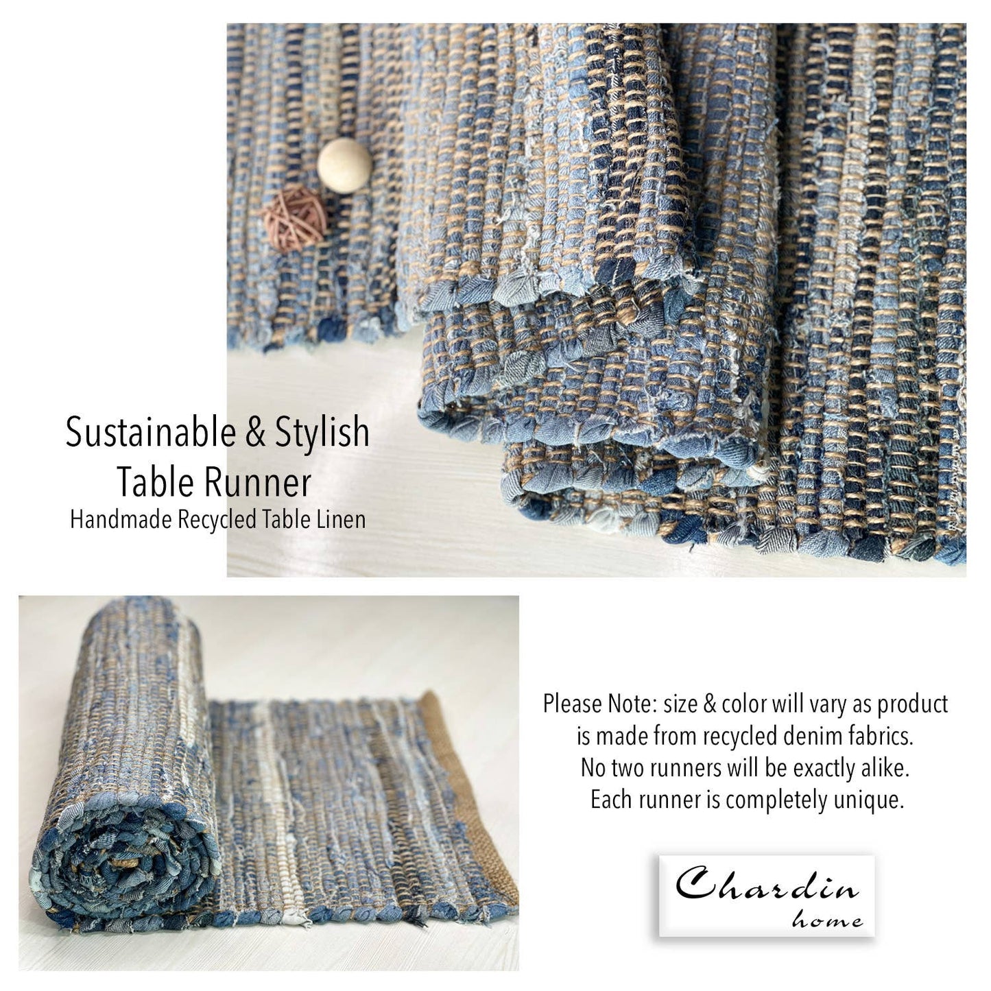 DENIM JUTE TABLE RUNNER, COASTAL TABLE LINEN, 14'' x 72''.