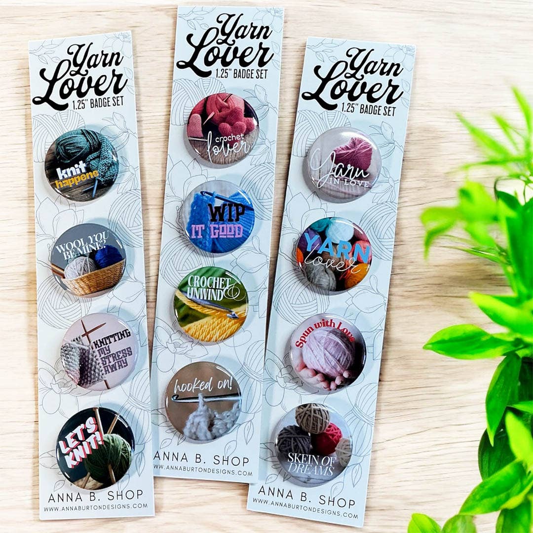 Yarn, Crochet and Yarn Pin Badge and Magnet Sets