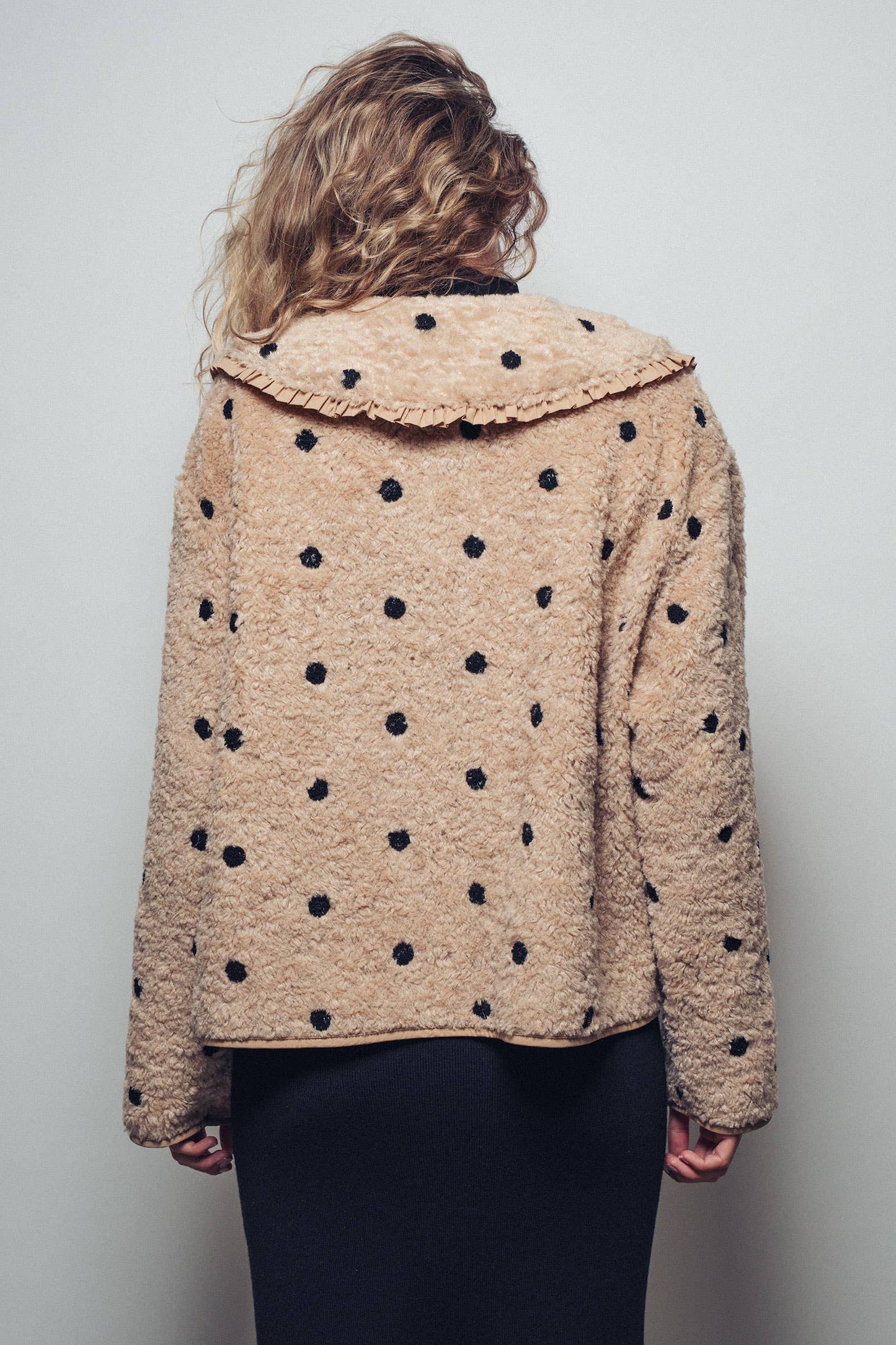 Ruffled Faux Shearling Dot Embroidered Jacket