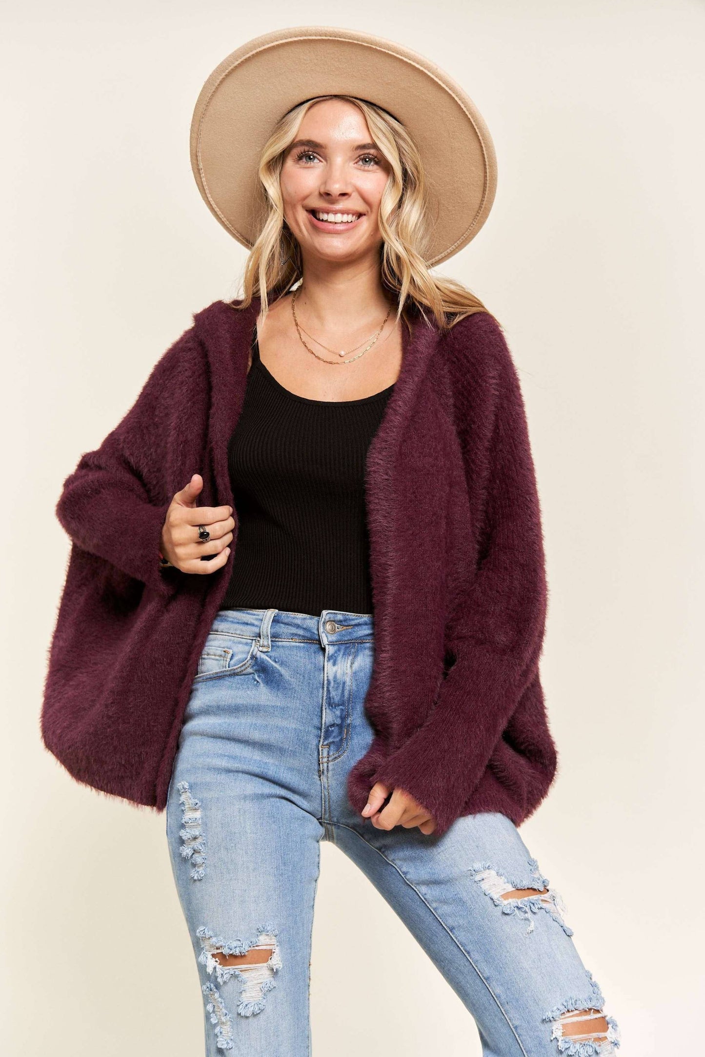 LESW3208-SOFT FUZZY HOODIE CARDIGAN
