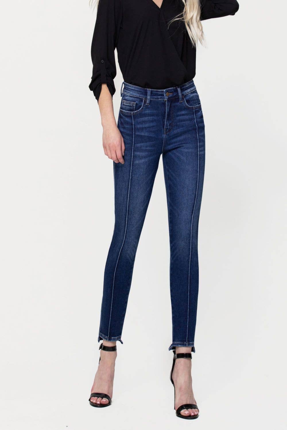 HIGH RISE STEP HEM PINTUCK ANKLE SKINNY JEANS F4388