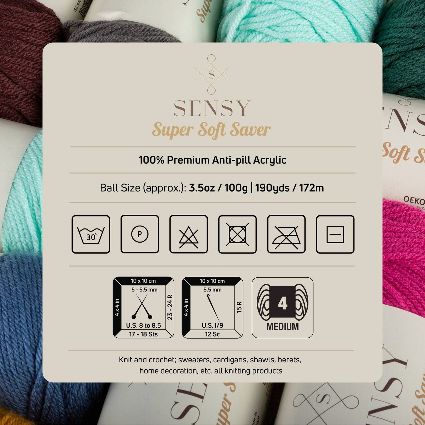 Sensy Super Soft Saver Yarn, 3.5 oz, 190 Yards, Gauge 4 Medium
