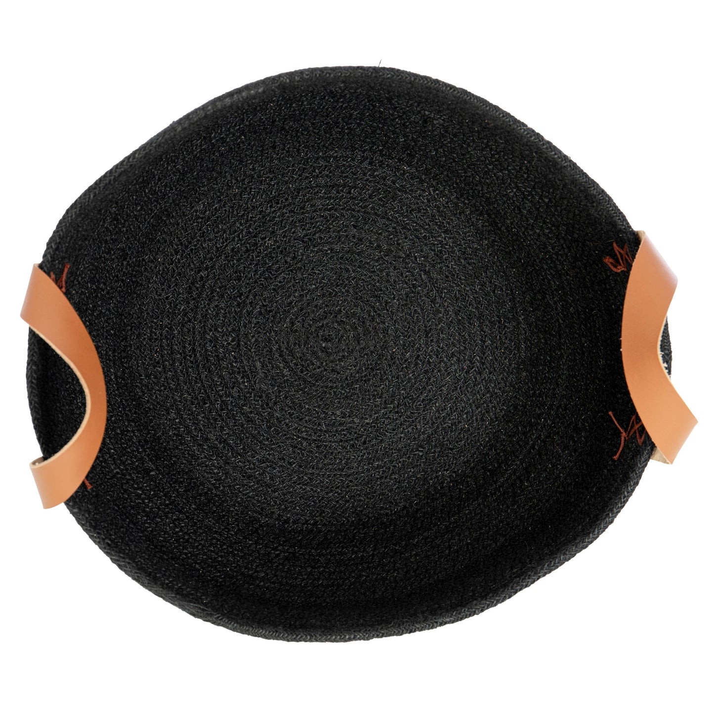 Round Jute Bowl- Black w/Leather Side Handles