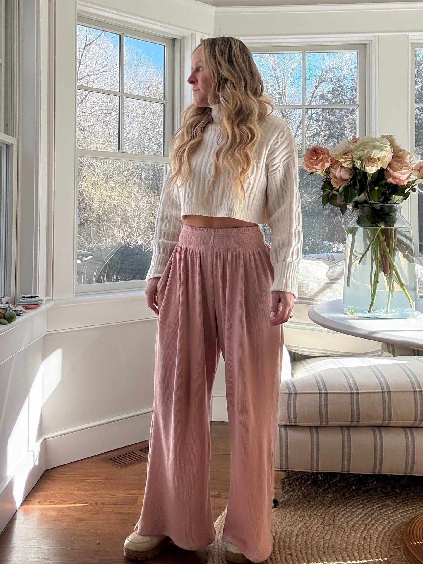 Coastal Waffle Pants - Blush