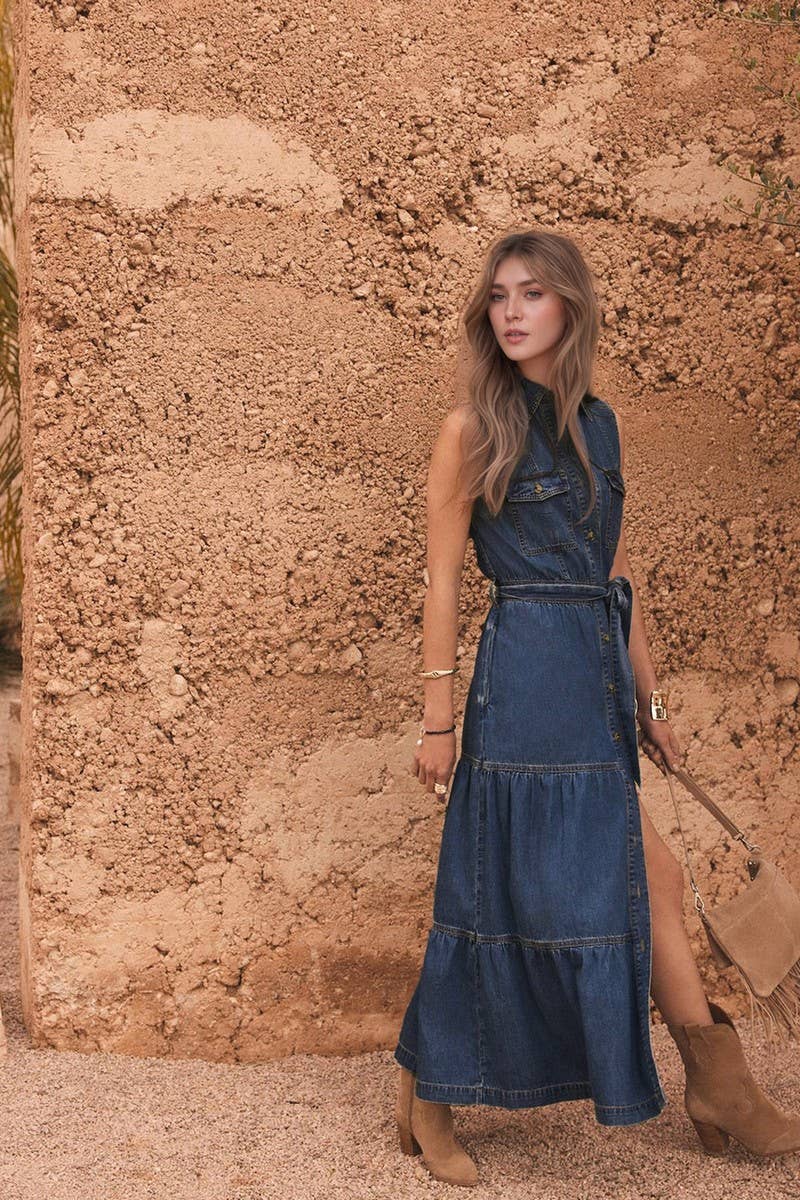 CWDMD6375_SLEEVELESS DENIM SINGLE BREASTED LONG DRESS