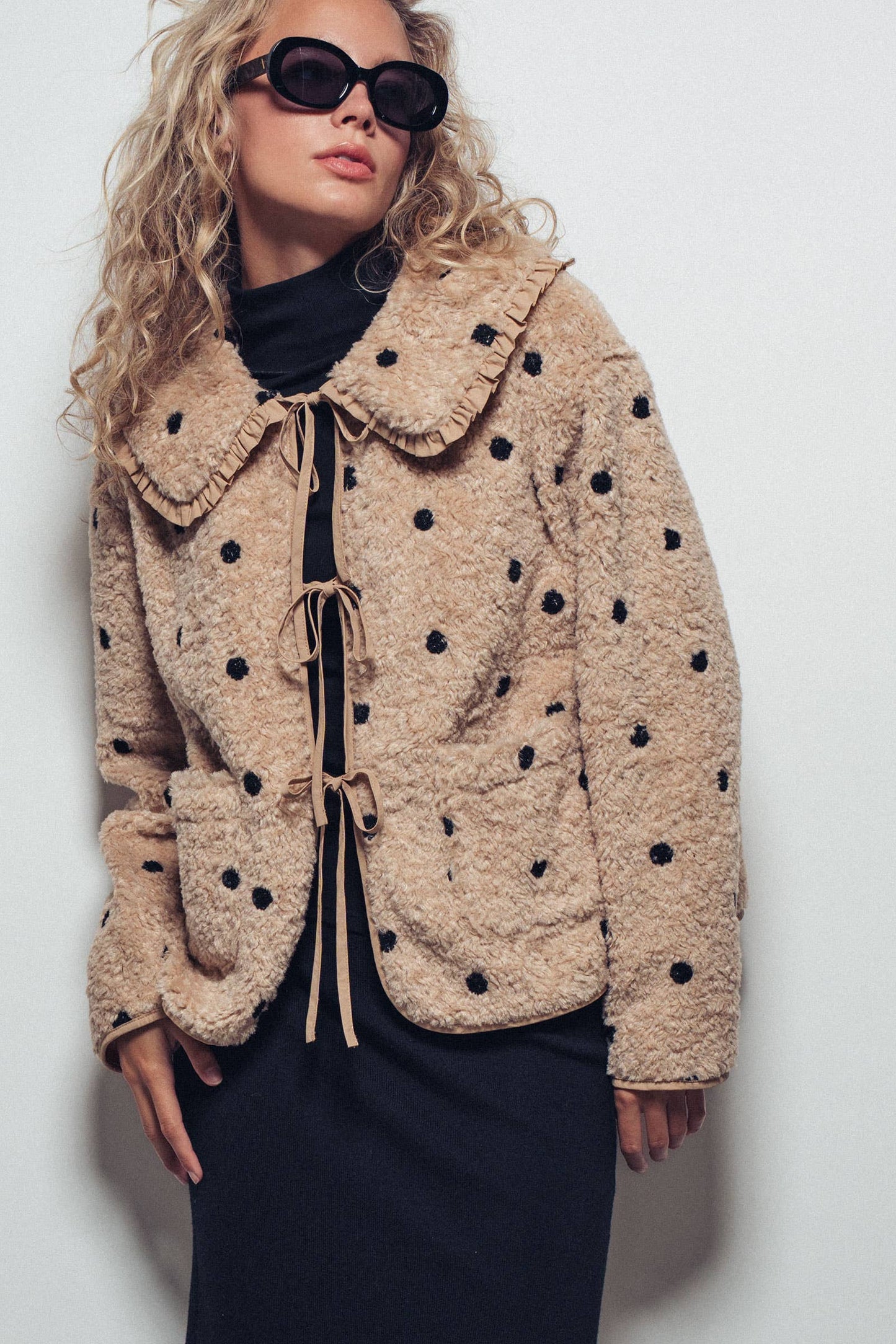Ruffled Faux Shearling Dot Embroidered Jacket
