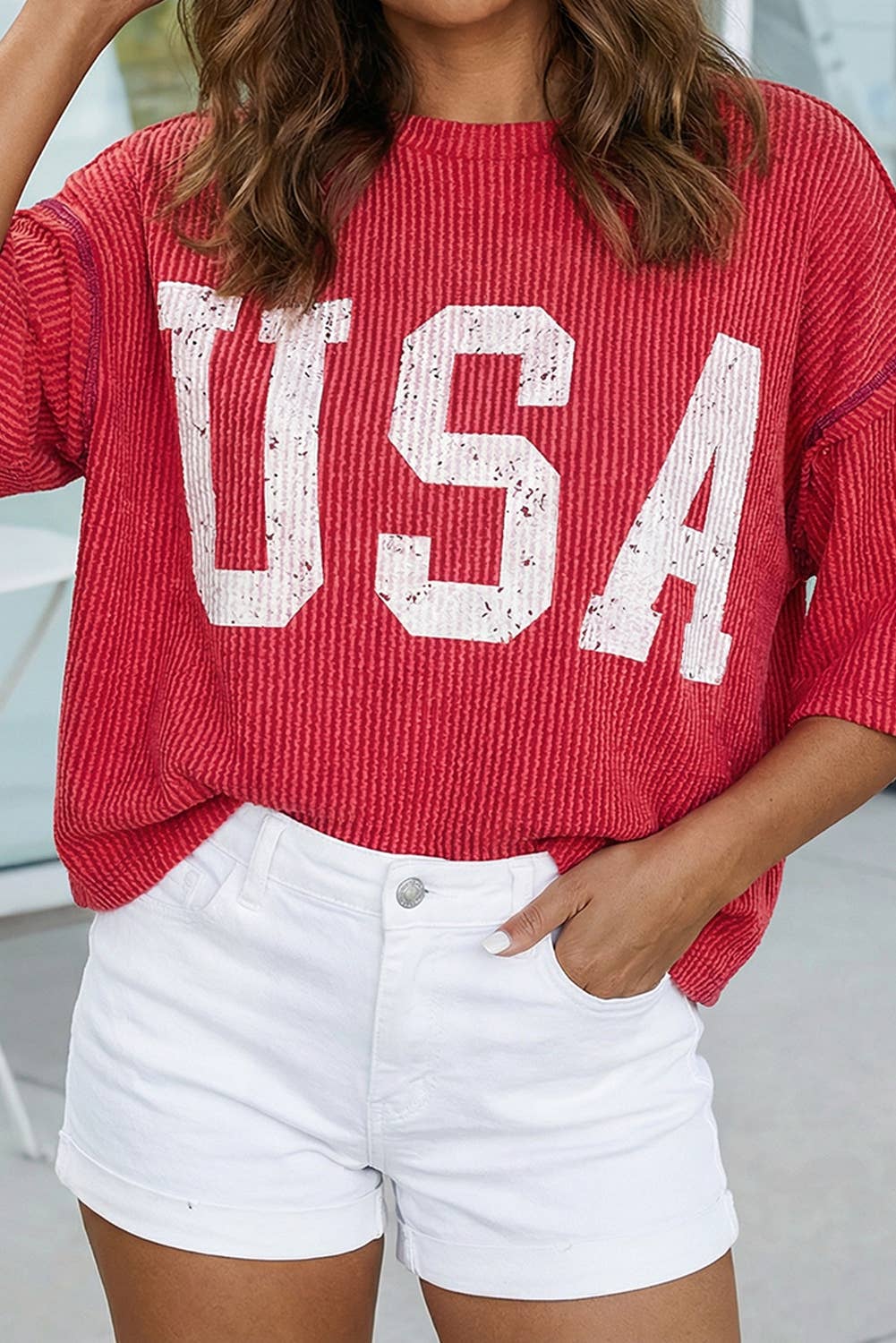 Plus Size USA Graphic Half Sleeve Loose Ribbed Top (S-4X)