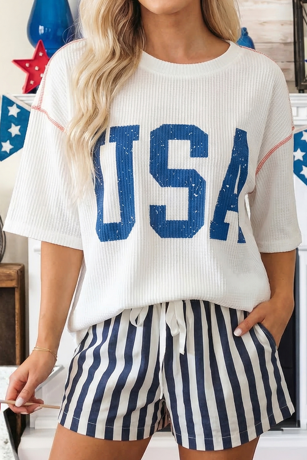 Plus Size USA Graphic Half Sleeve Loose Ribbed Top (S-4X)