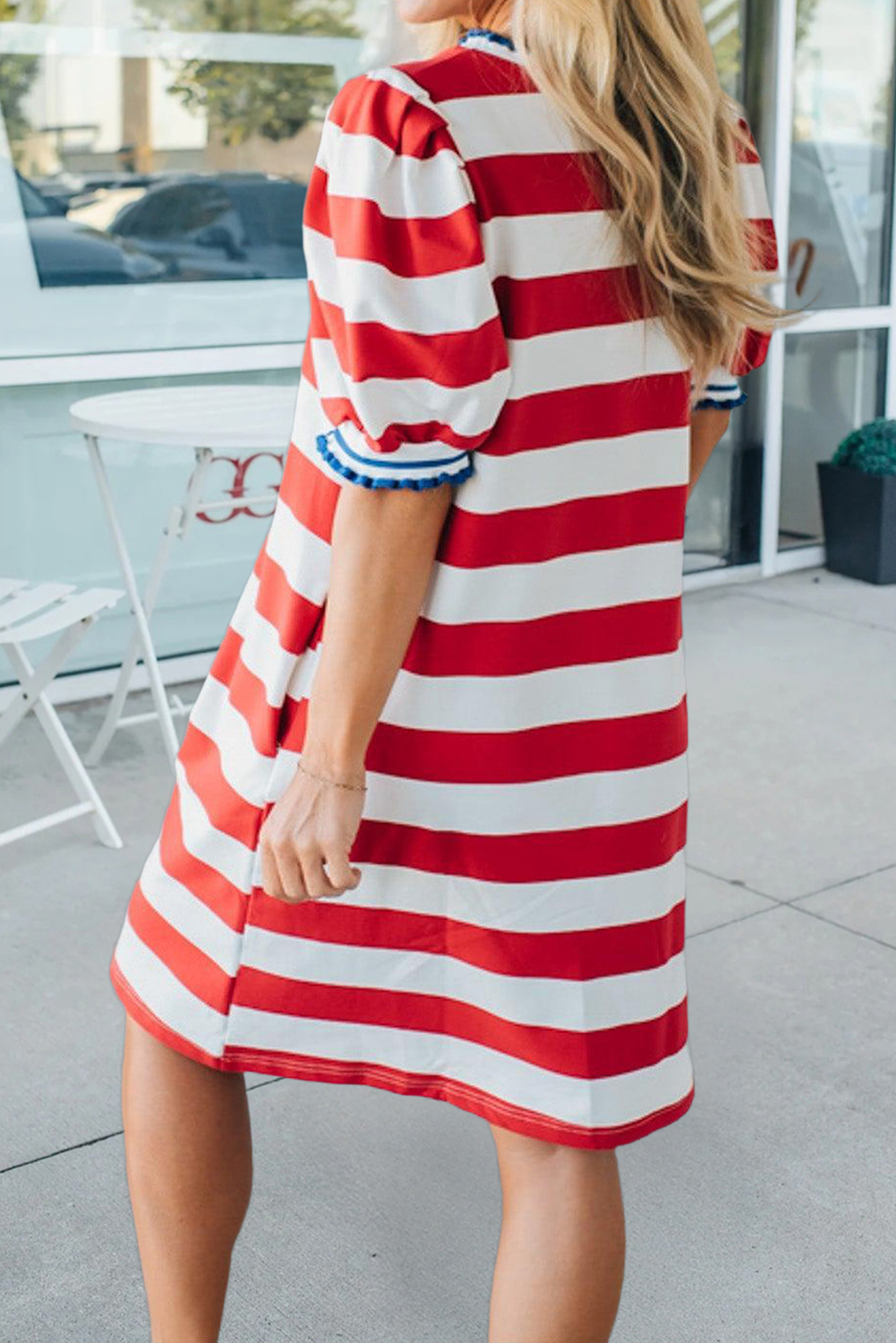 Stripe Round Neck Short Puff Sleeve Shift Dress (S-XL)