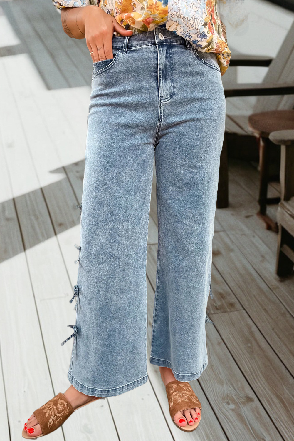 66 Spring 2026 Bow Knot Side Detail Straight Leg Loose Jeans