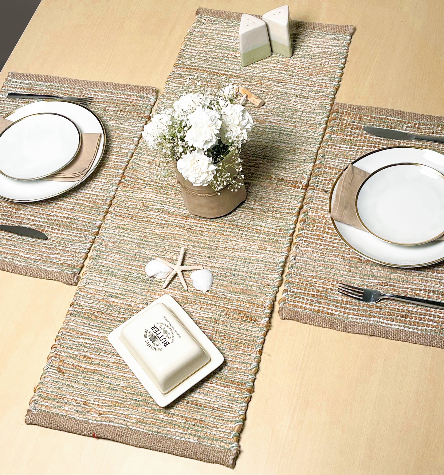 OMBRE TABLE RUNNER, NATURAL JUTE-SAGE GREEN-WHITE,13''x36''.