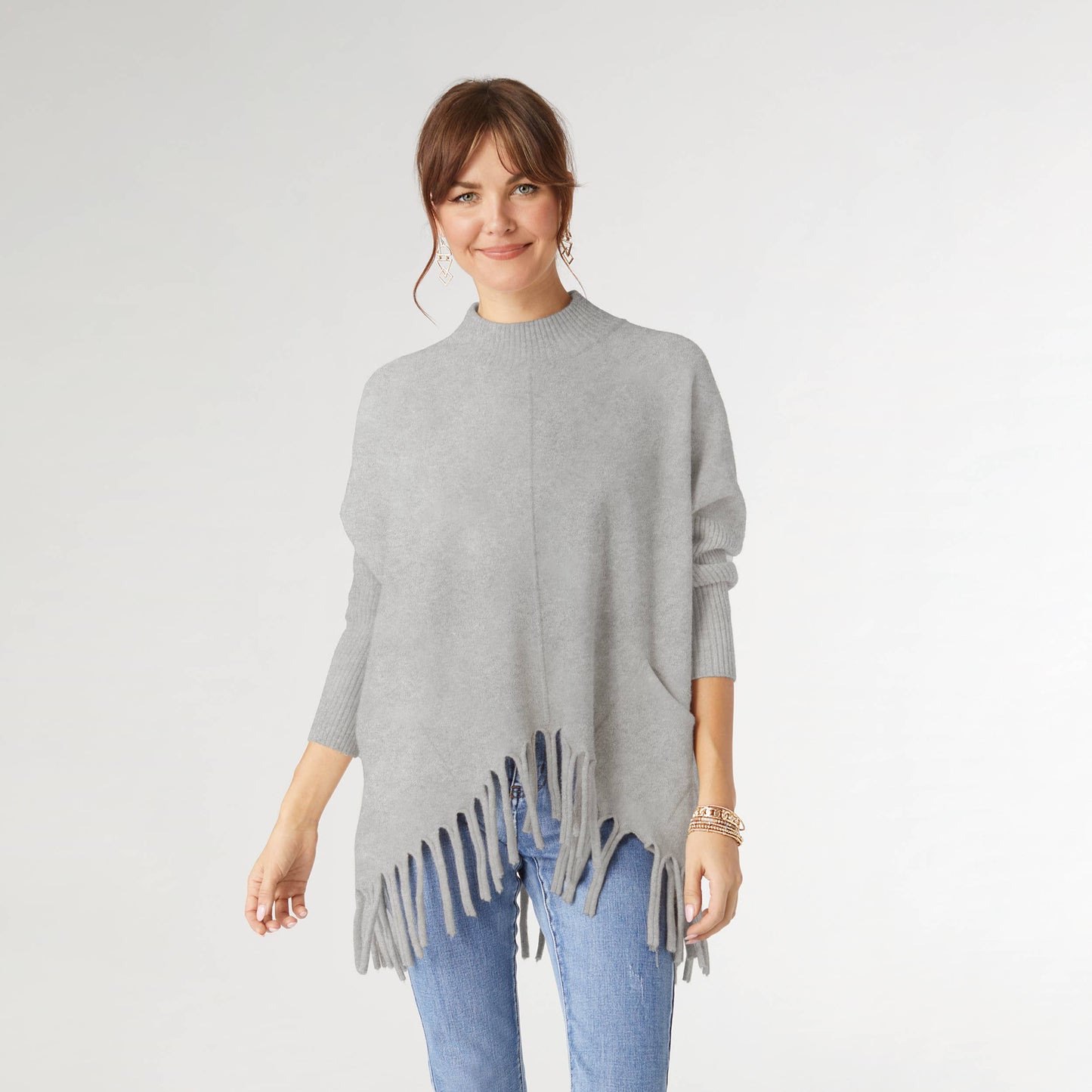 Heavenly-Luxe Flowy Mock Neck Fringe Sweater