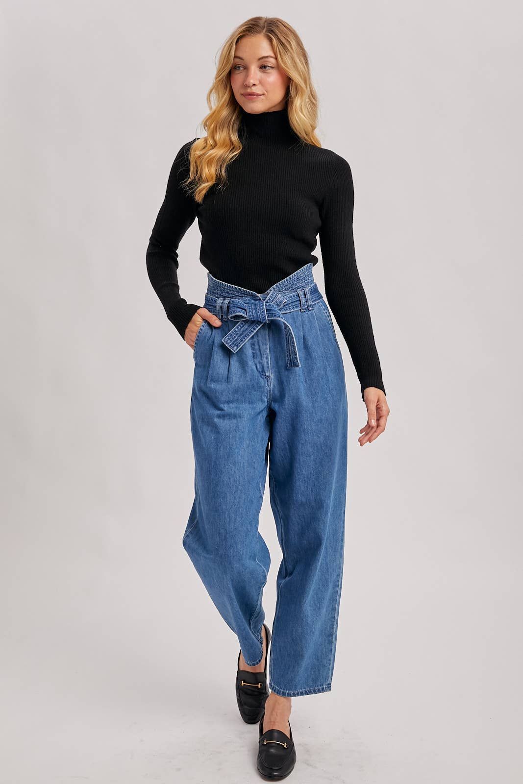 WHOLEGARMENT MOCK NECK RIBBED KNIT TOP