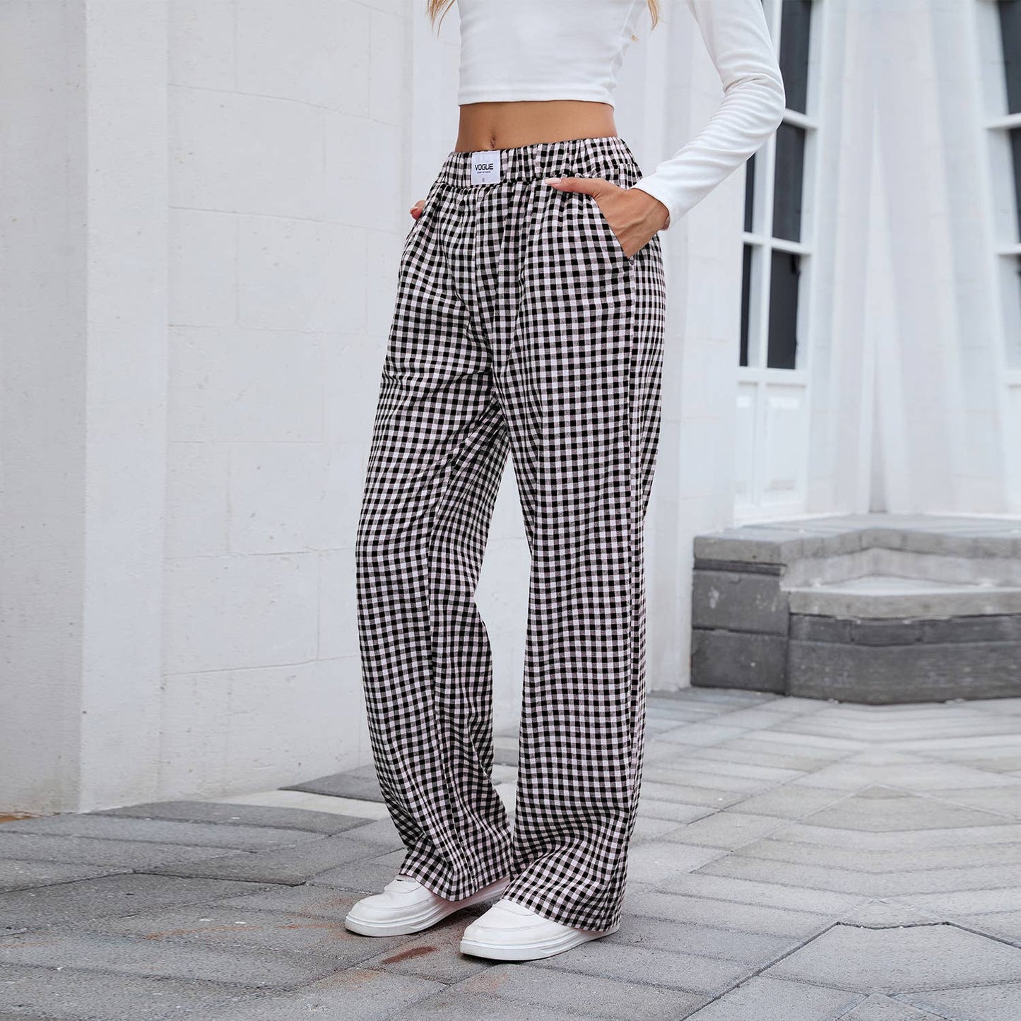 Pure cotton checkered casual loose trousers