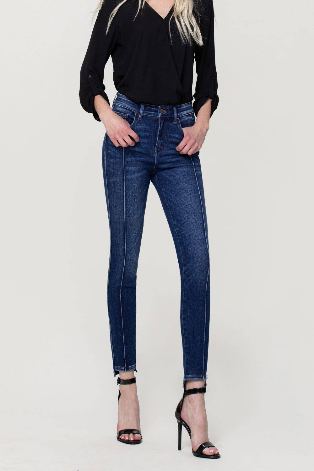 HIGH RISE STEP HEM PINTUCK ANKLE SKINNY JEANS F4388