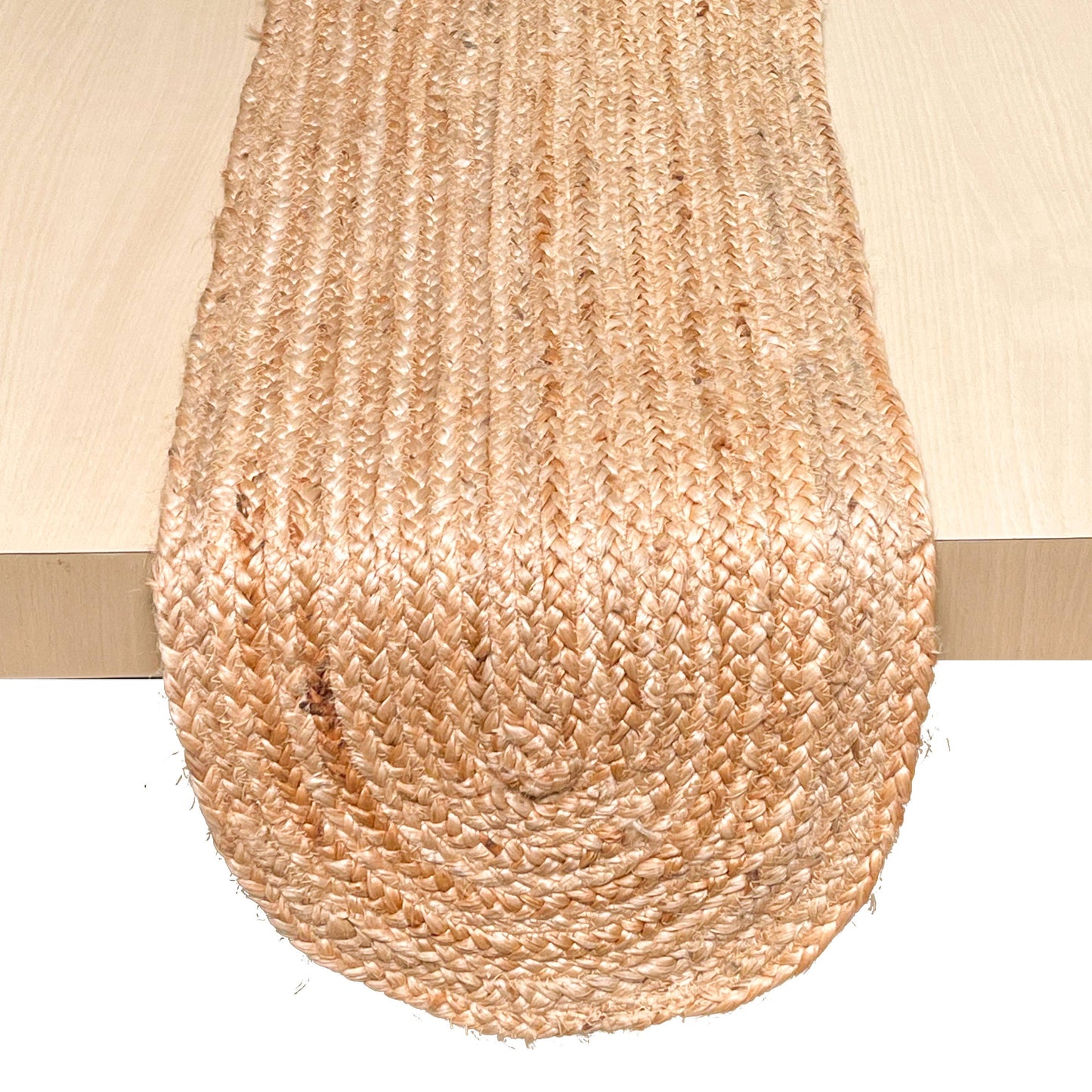 OVAL BRAIDED TABLE RUNNER, NATURAL JUTE, 13'' x 48''.