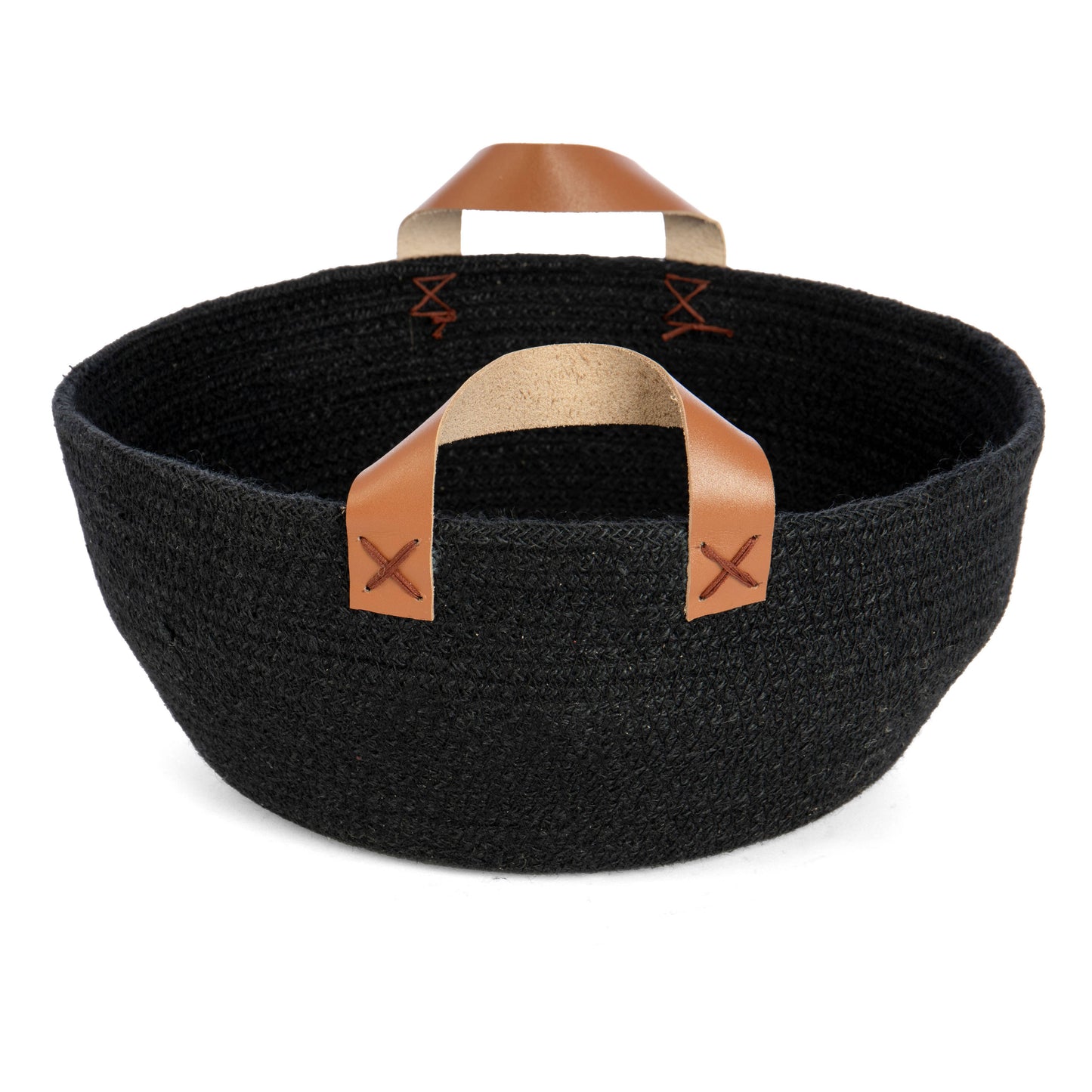 Round Jute Bowl- Black w/Leather Side Handles