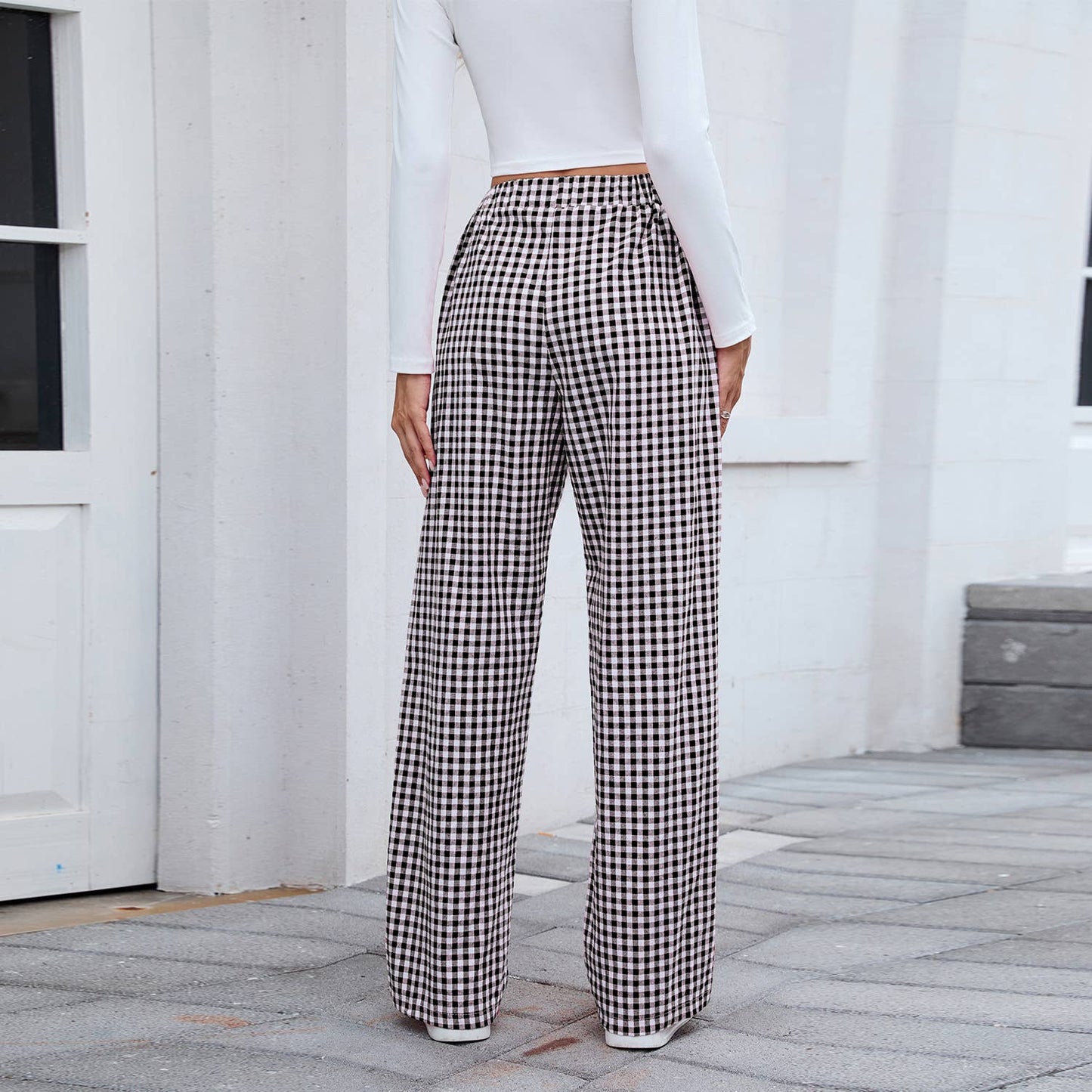Pure cotton checkered casual loose trousers
