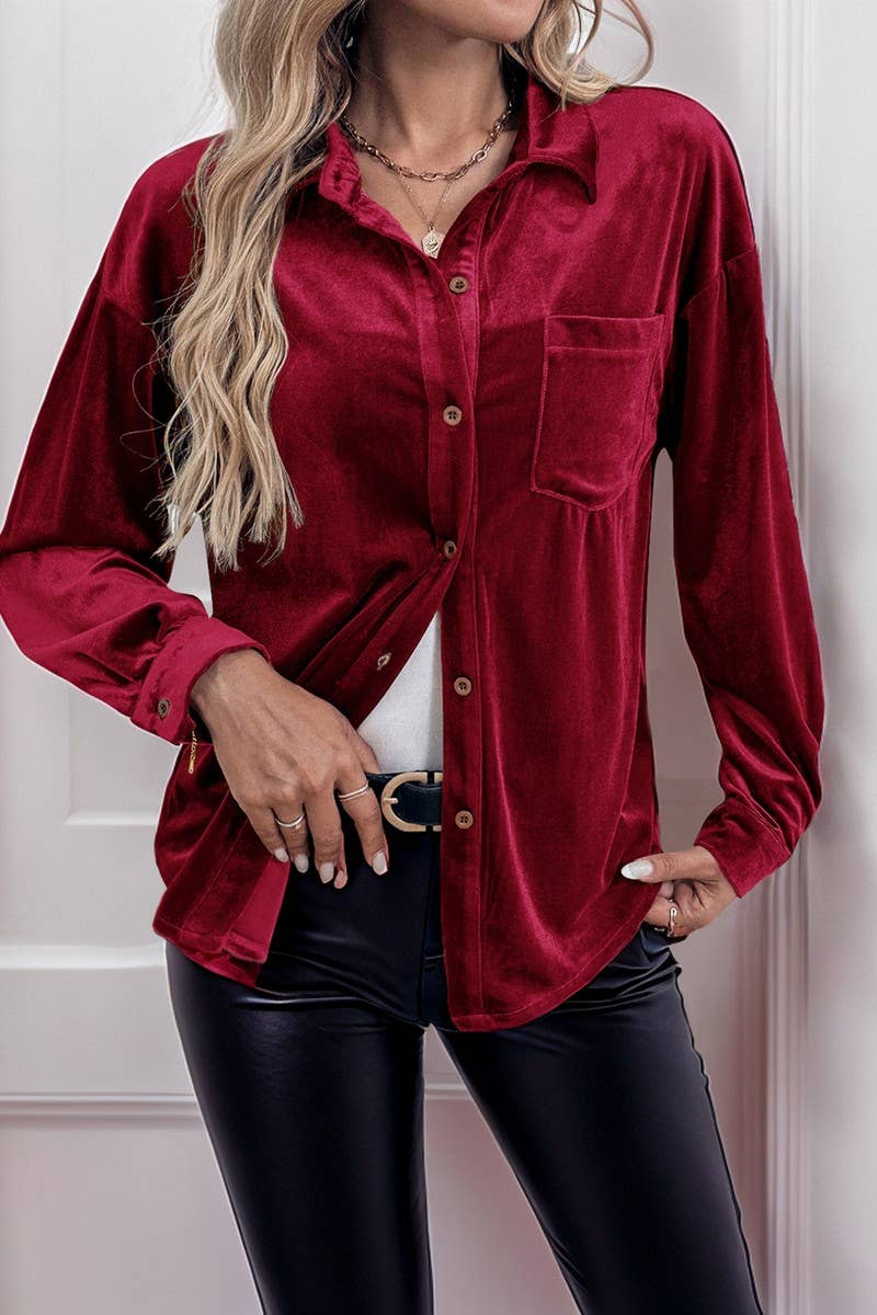 CWTBLL01423_VELVET LAPEL LANTERN SLEEVE MIDI SHIRT
