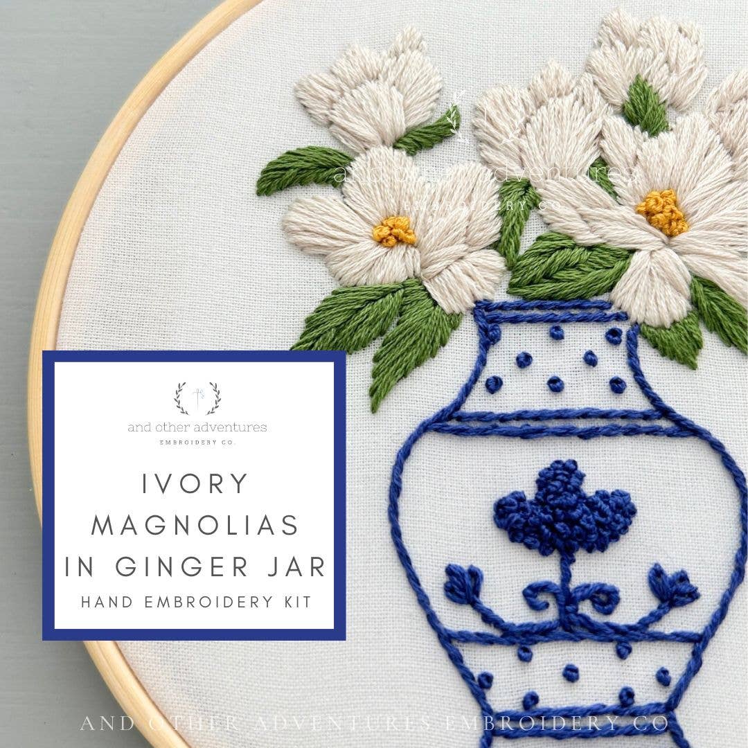 Hand Embroidery Kit - Ivory Magnolias in Ginger Jar