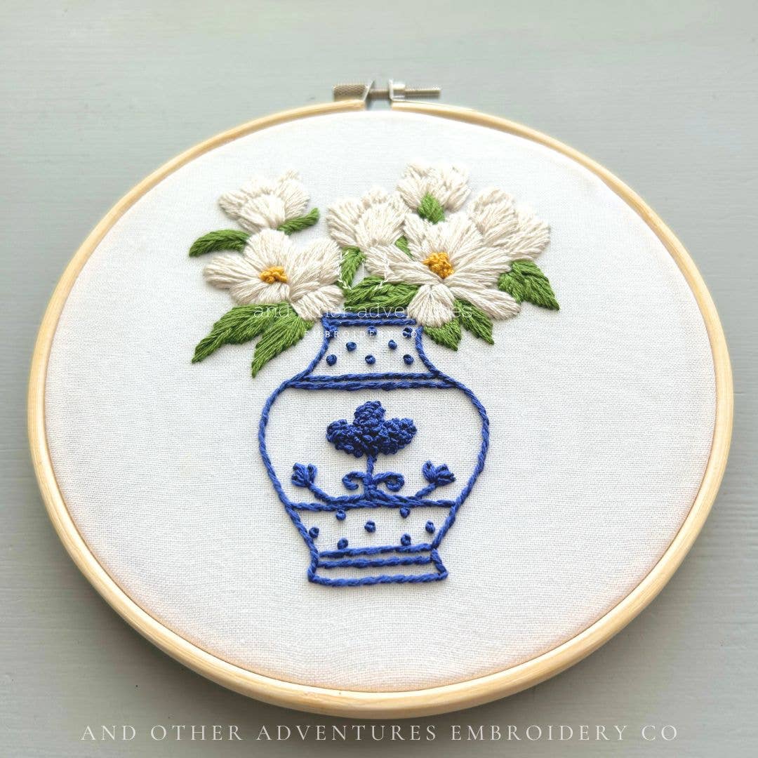 Hand Embroidery Kit - Ivory Magnolias in Ginger Jar