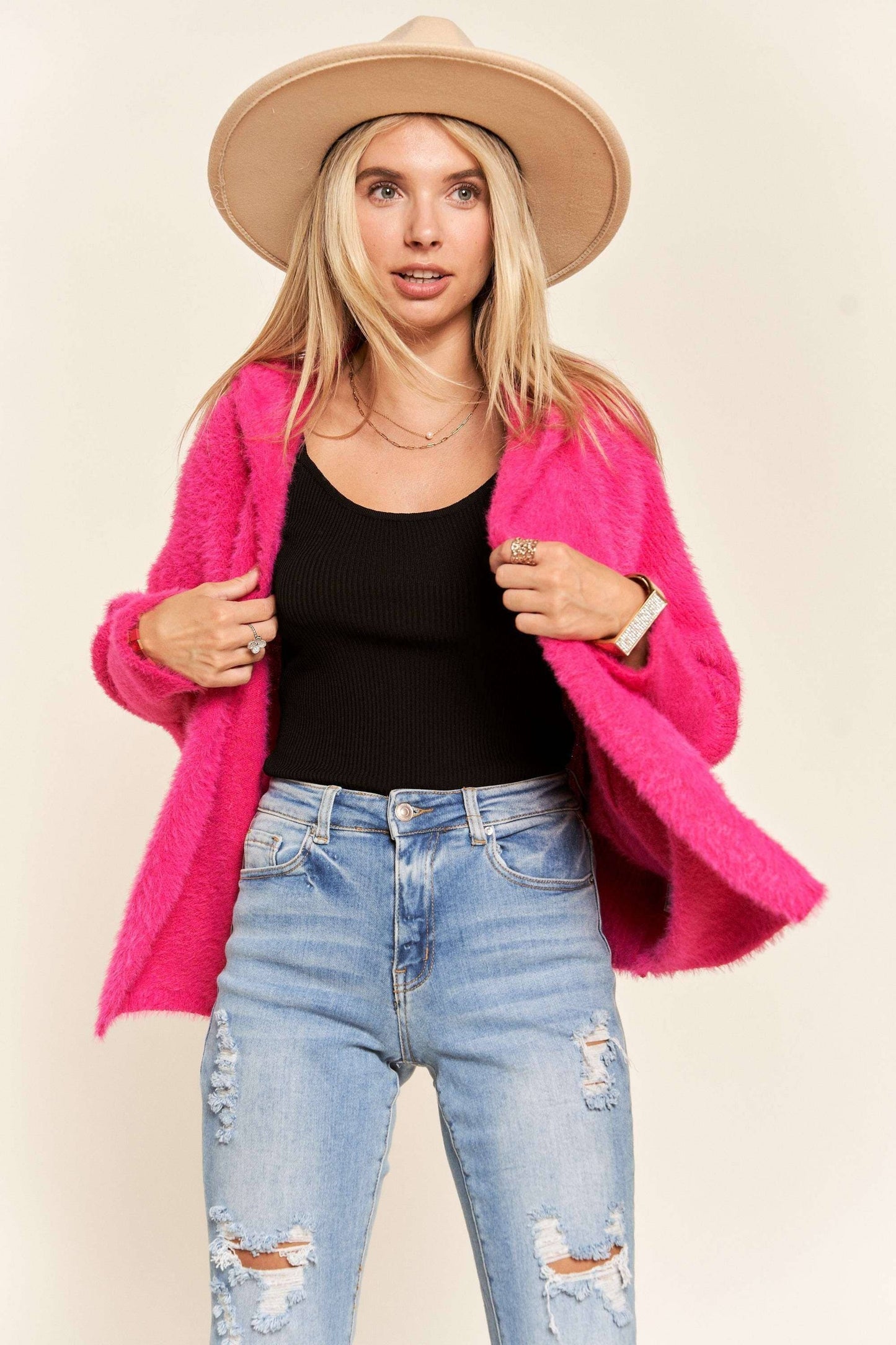 LESW3208-SOFT FUZZY HOODIE CARDIGAN