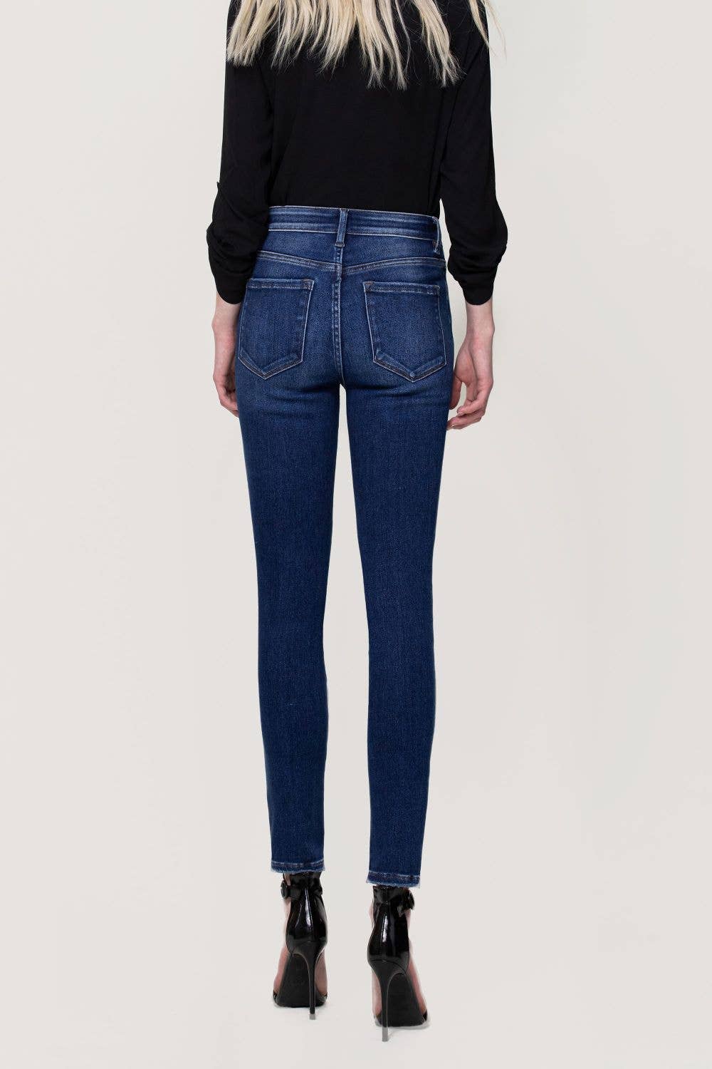 HIGH RISE STEP HEM PINTUCK ANKLE SKINNY JEANS F4388