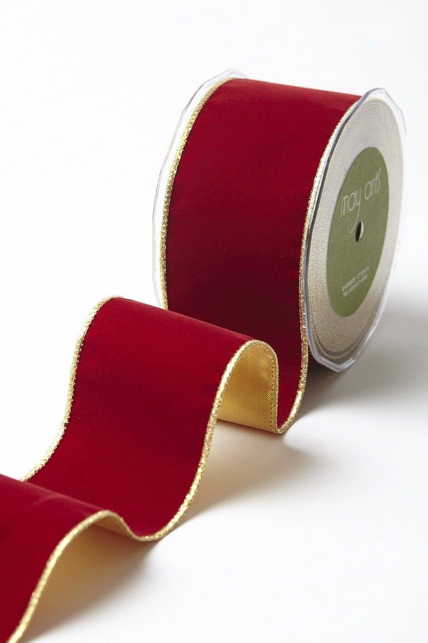 2.5" Burgundy Velvet Reversible Gold Wired Ribbon