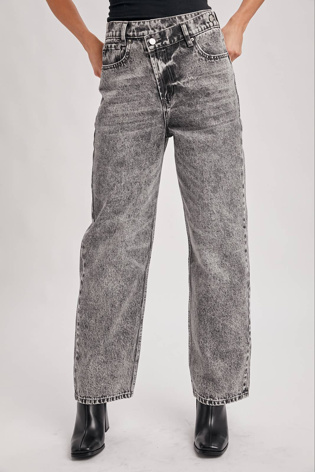 DEMIM HIGH RISE CROSSOVER BUTTON-FRONT WIDE LEG JEANS