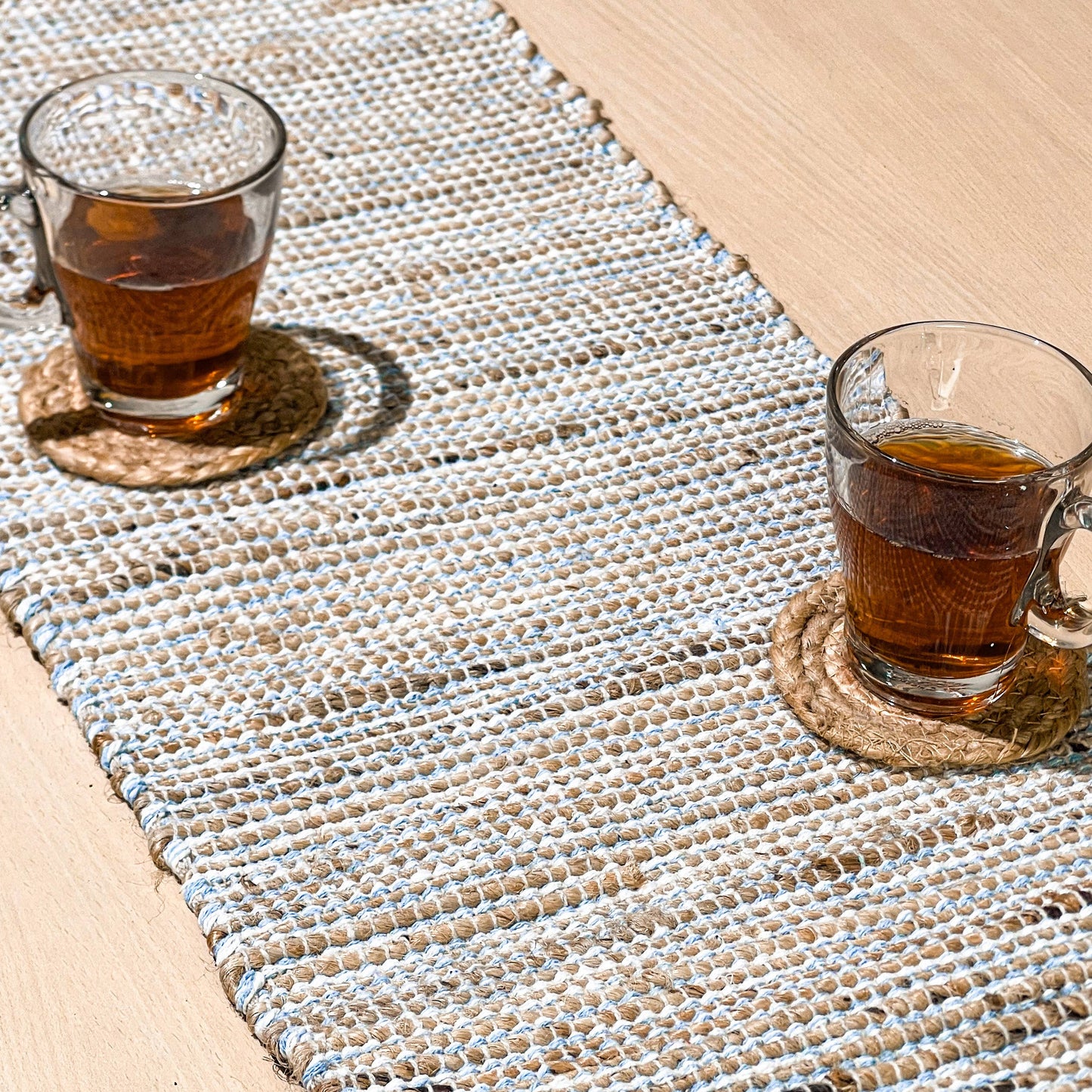 OMBRE TABLE RUNNER, NATURAL JUTE-SKY BLUE-WHITE, 13''x36''.