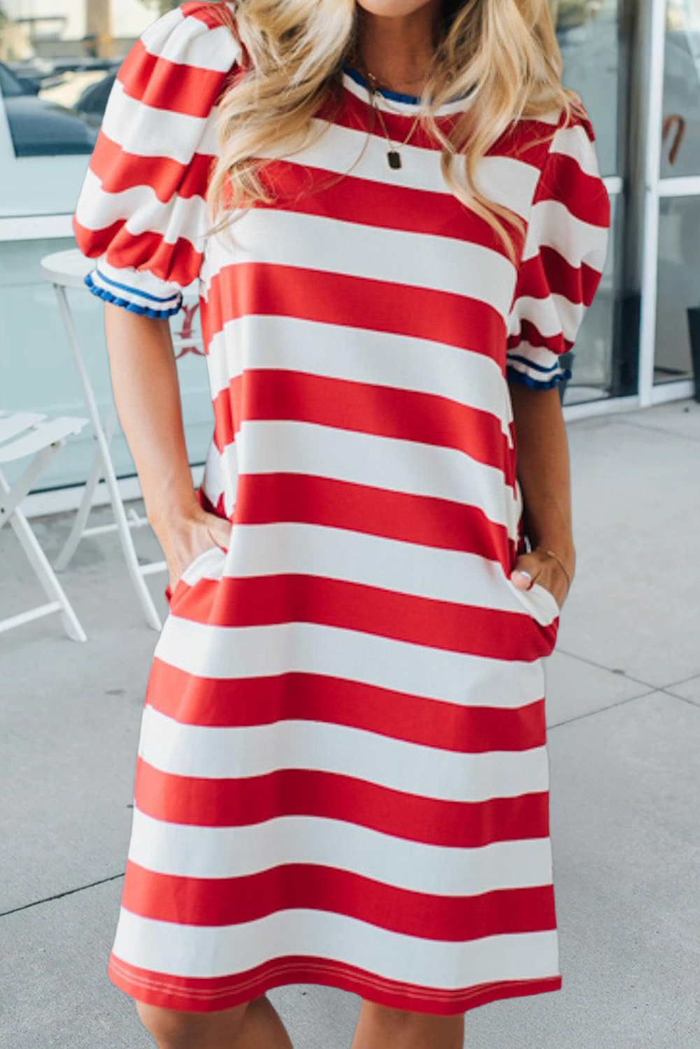 Stripe Round Neck Short Puff Sleeve Shift Dress (S-XL)
