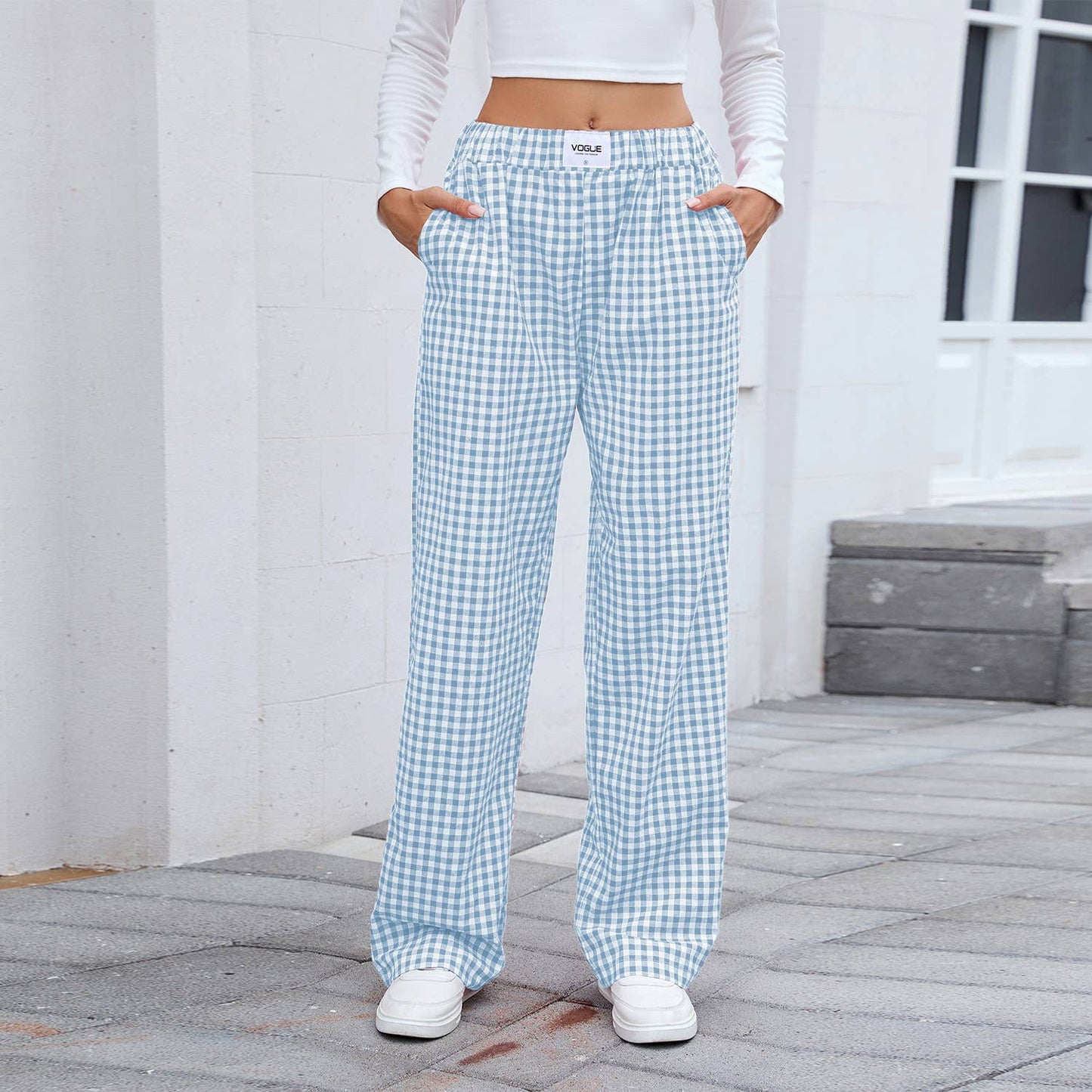 Pure cotton checkered casual loose trousers