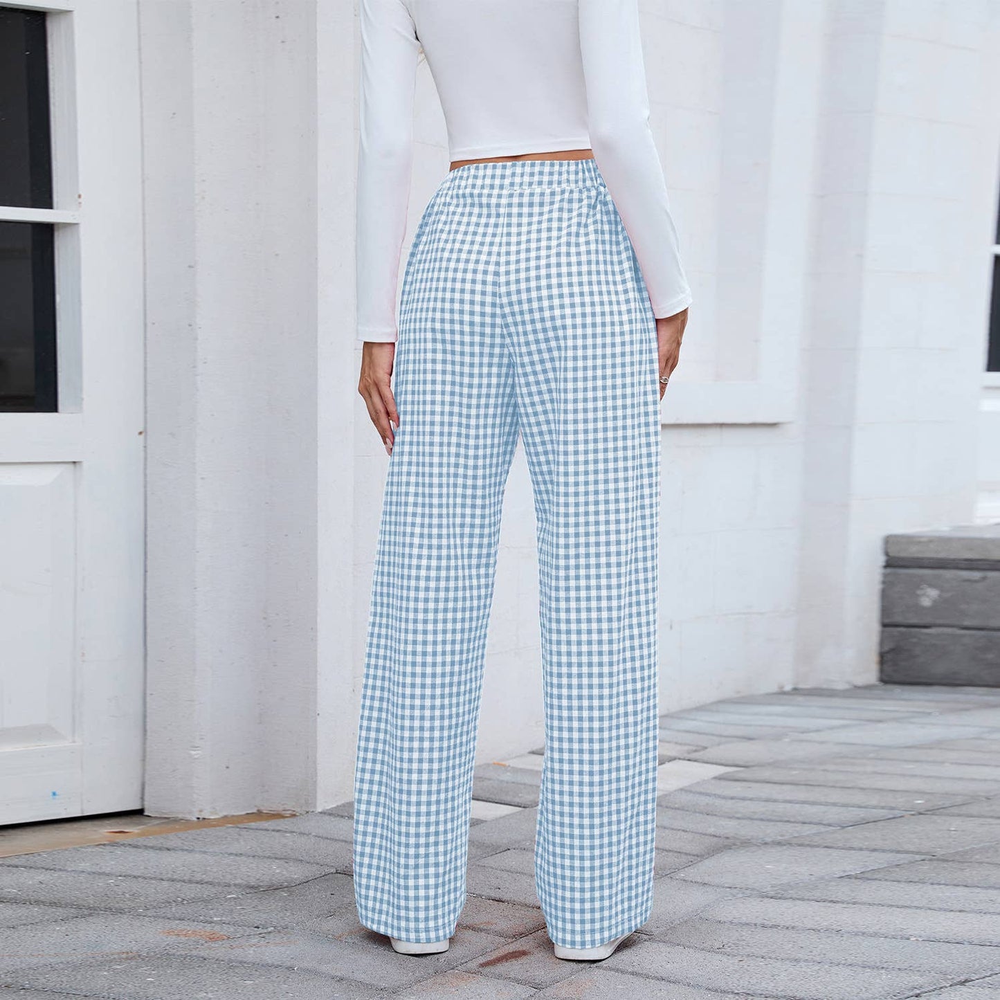 Pure cotton checkered casual loose trousers