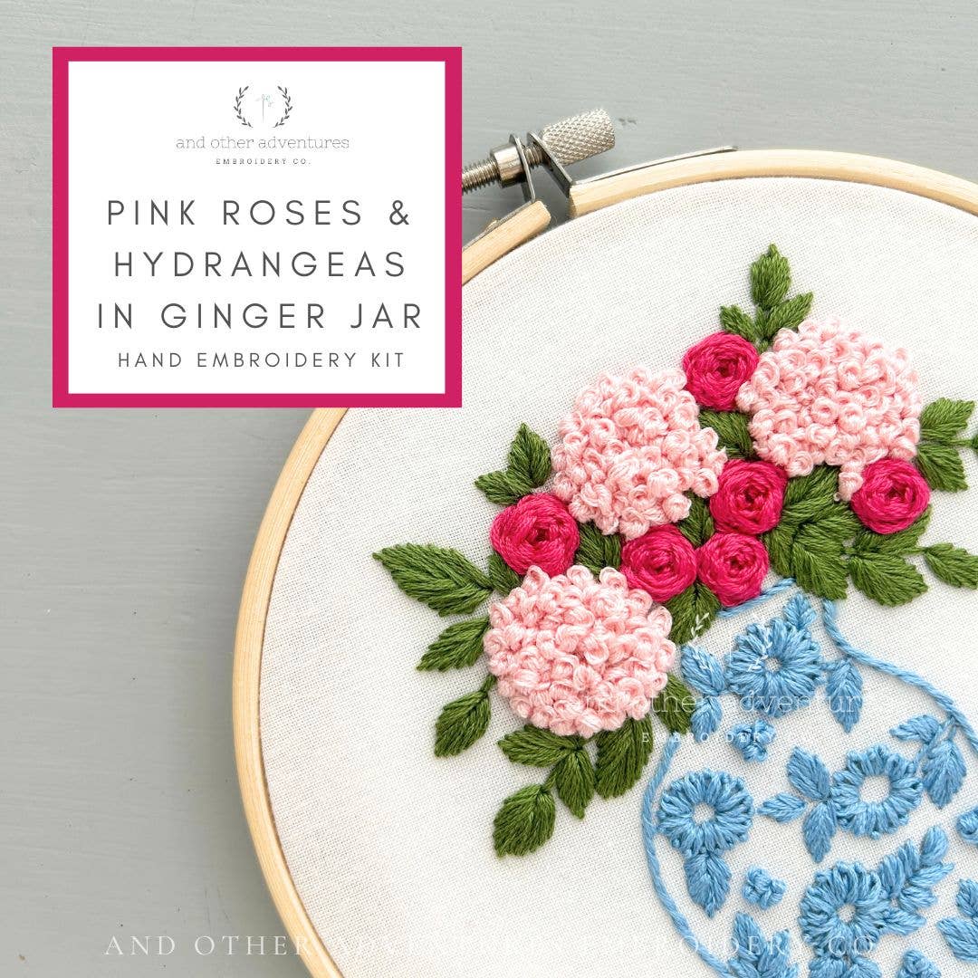 Hand Embroidery Kit - Pink Roses + Hydrangeas in Ginger Jar