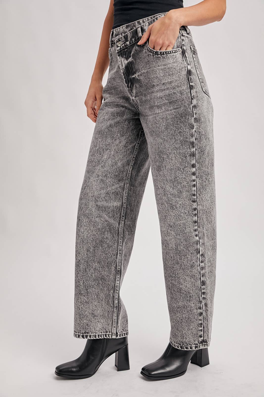 DEMIM HIGH RISE CROSSOVER BUTTON-FRONT WIDE LEG JEANS